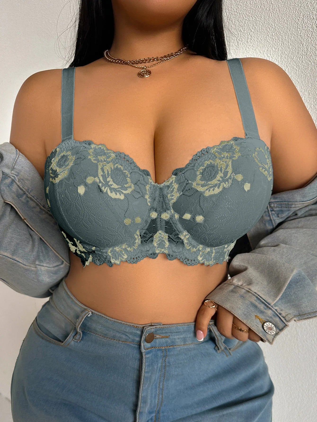 Daily Wide Strap Plus Size Women Bra Lace & Embroidery Push up Bra Comfort Thin Cup Underwire Support Lingerie Bra - GRAY -