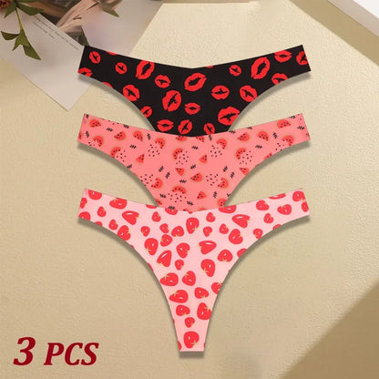 3Pcs Ultra-thin Seamless G-string Women Thongs Sexy Sweet Fruit Low-waist Panties Ladies Soft Cute Thongs Female S-XL T-Back - Set 4 -