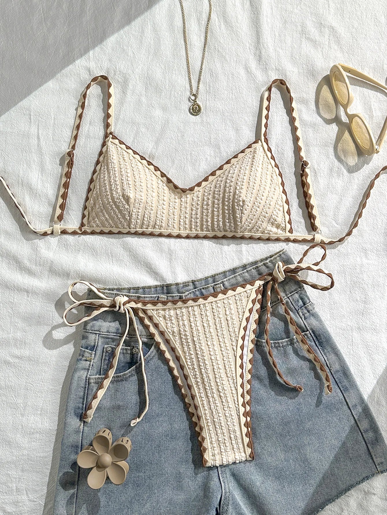 Sexy Triangle Bikini Set 2026 Women Beige Patchwork Pleate Push Up Bra Tie Side Thong Swimsuit Beach Bathing Suit Micro Swimwear - -