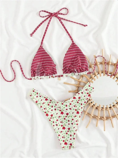 Sexy White Floral Print Micro Bikini 2026 Women Push Up Bra High Waist Swimsuit Beach Bathing Suit Holiday Two Piece Swimwear - -