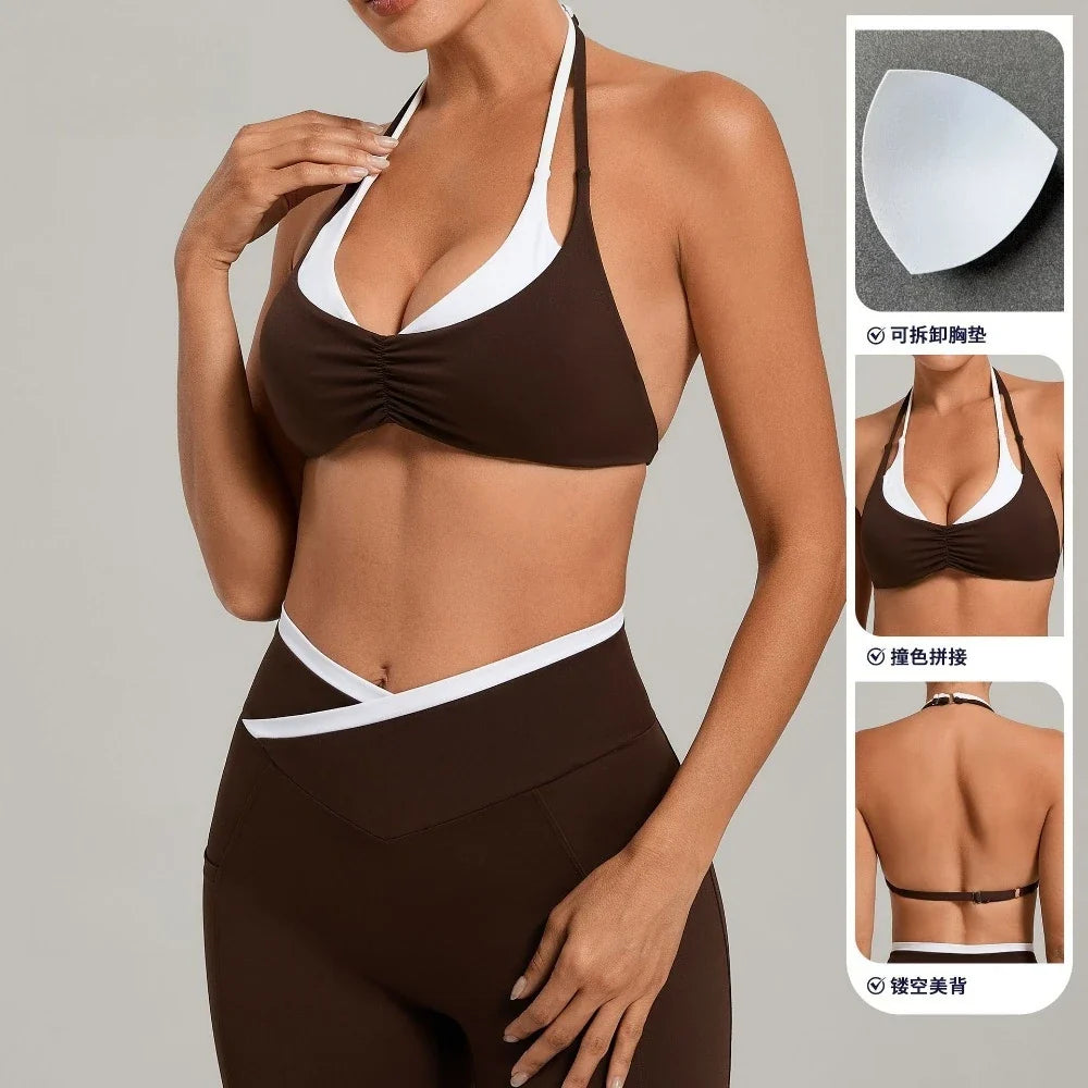Women's Gym Workout Two-color Yoga Sports Bras Halter Neck Open Back Design Sports Tank Top Running Fitness Built-in Bra Cups - -