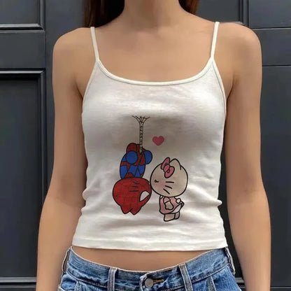 Y2K Hello Kitty Crop Top – Emo Girls Vintage Punk Tank - 37967- White - casualwear