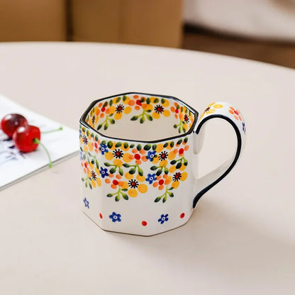 Retro Flower Mug Ceramic Coffee Cup 400ML yellow blue white