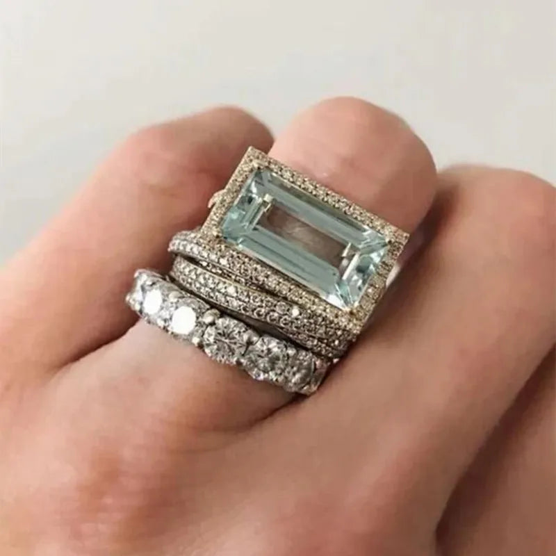 2025 New Fashion Three Piece Set Blue Square Zircon Rings For Women Party Idea Gifts Custom Jewelry - -