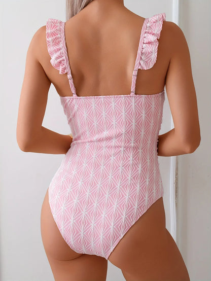 Vintage Ruffles Strap One Piece Swimsuit 2025 Women Pink Mesh Contrast Underwire Slim Tummy Control Swimwear Beach Bathing Suit - -