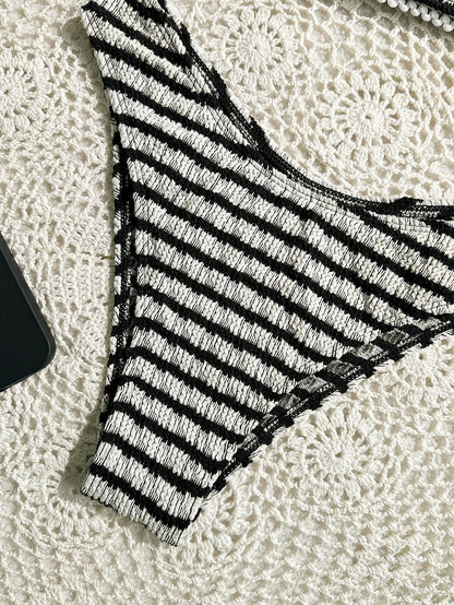 Sexy Black Striped Bikinis 2025 Women Halter Pleate Push Up Micro Swimsuit Brazilian Beach Bathing Suit Holiday Thong Swimwear - -