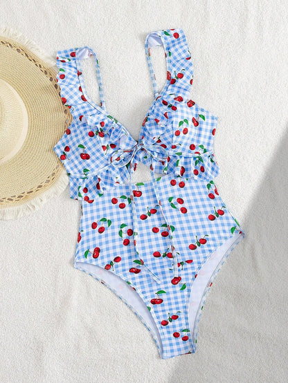 Vintage Pink Starberry Print One Piece Swimsuit 2026 Women Ruffles Bandage Cross High Waist Bikini Beach Bathing Suit Swimwear - Blue -