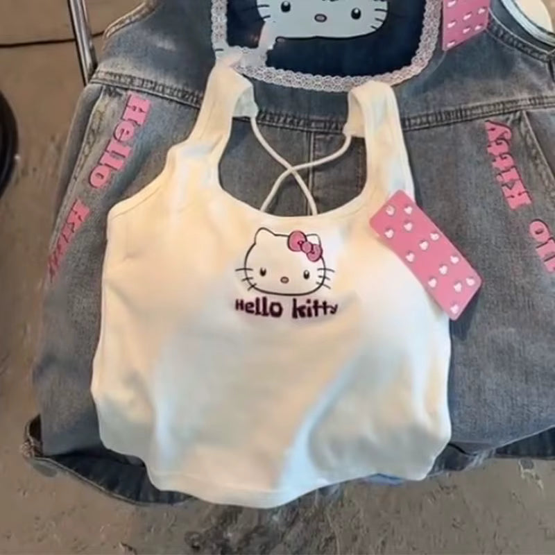 Y2K Hello Kitty Crop Top – Emo Girls Vintage Punk Tank - 37879- White - casualwear