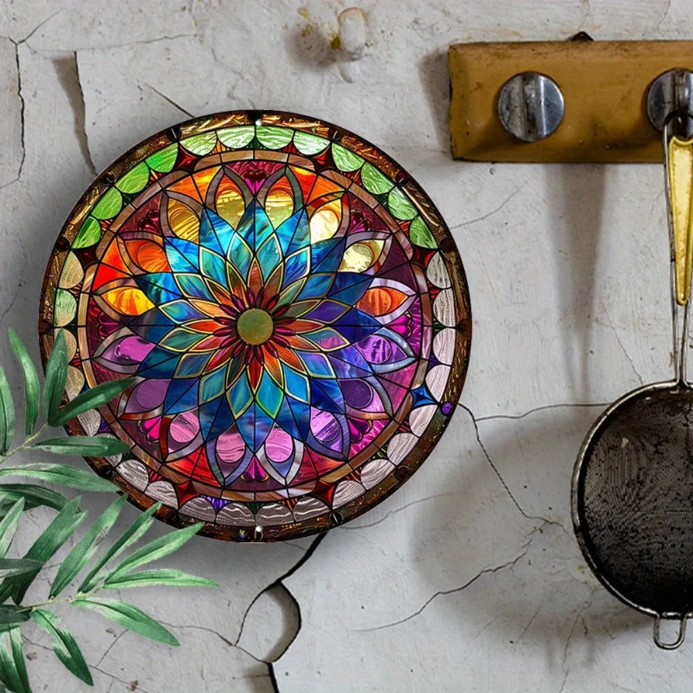 8" Round Mandala Aluminum Art Sign - UV-Resistant Waterproof Wall Decor, Art Nouveau Living Room Patio Art - -