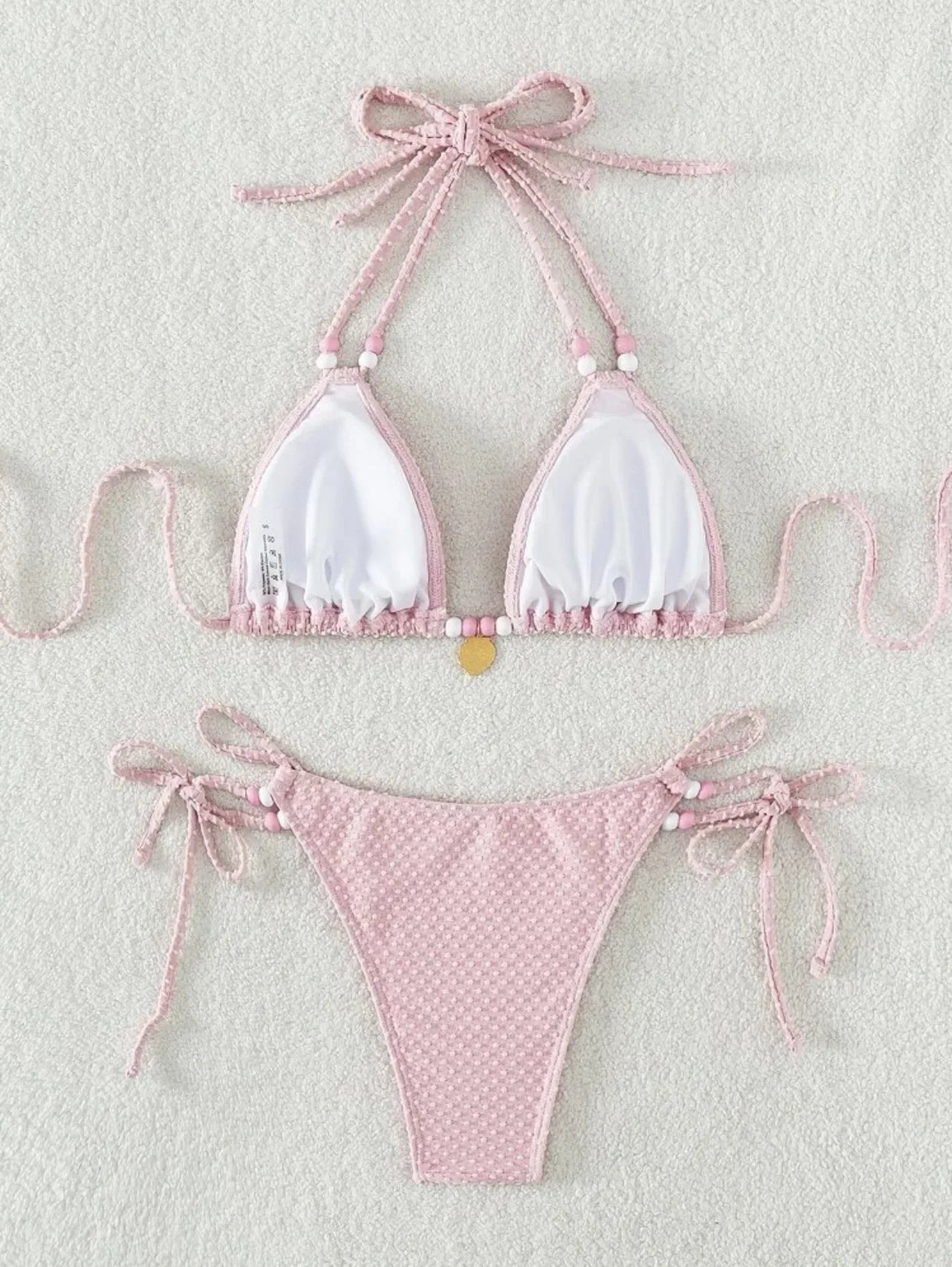 Sexy Pink Bikini 2024 Swimsuit Women White Pearl Strap Push Up Micro Swimwear Brazilian Bathing Suit Tie Side Thong Bikinis Sets - -