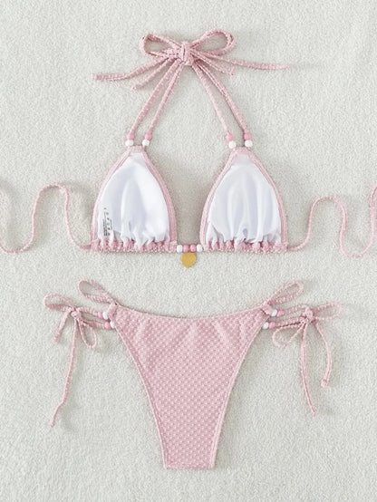 Sexy Pink Bikini 2024 Swimsuit Women White Pearl Strap Push Up Micro Swimwear Brazilian Bathing Suit Tie Side Thong Bikinis Sets - -