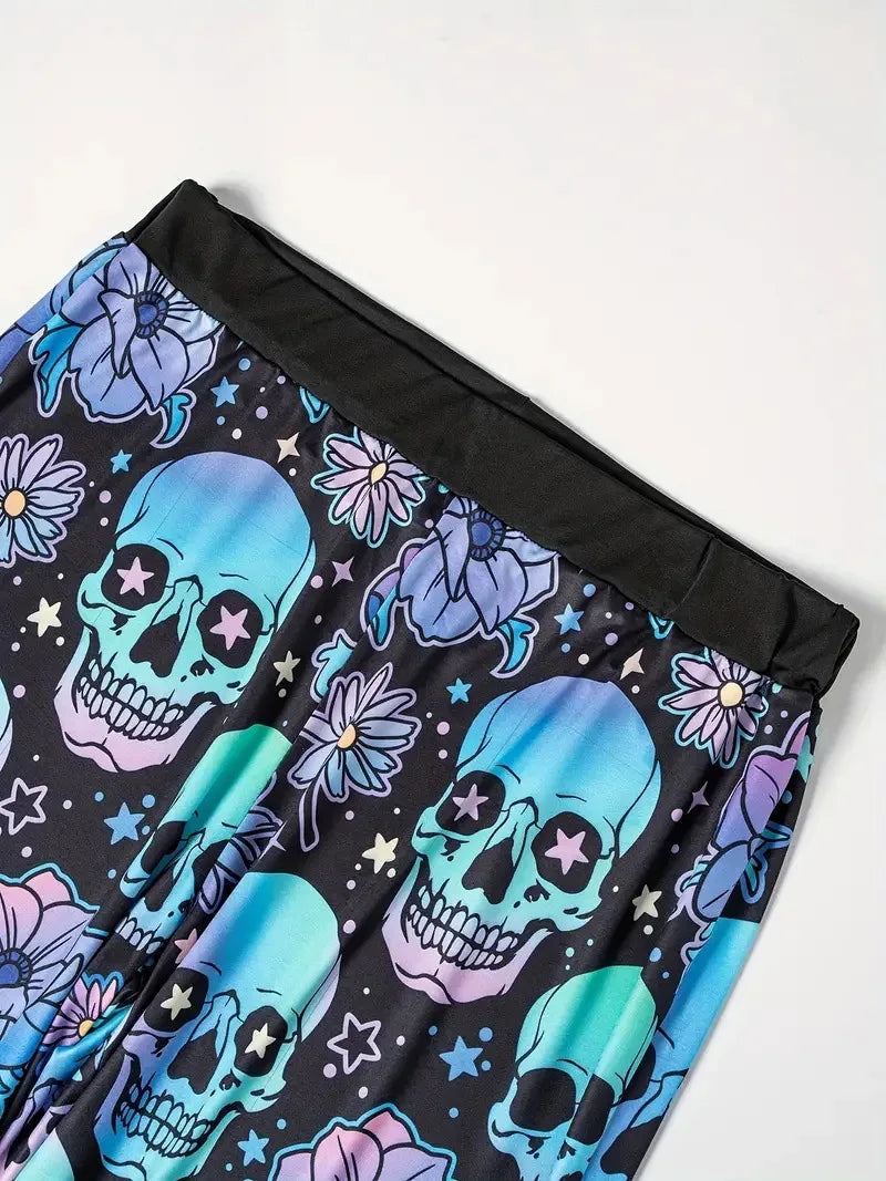 Hallowmas Skull Flower Print Pants Woman 2025 Plus Size Elastic Waist Wide Leg Pant Casual Large Full-length Trousers - -