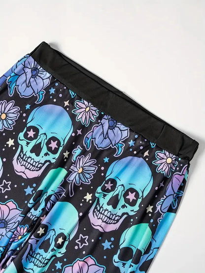 Hallowmas Skull Flower Print Pants Woman 2025 Plus Size Elastic Waist Wide Leg Pant Casual Large Full-length Trousers - -