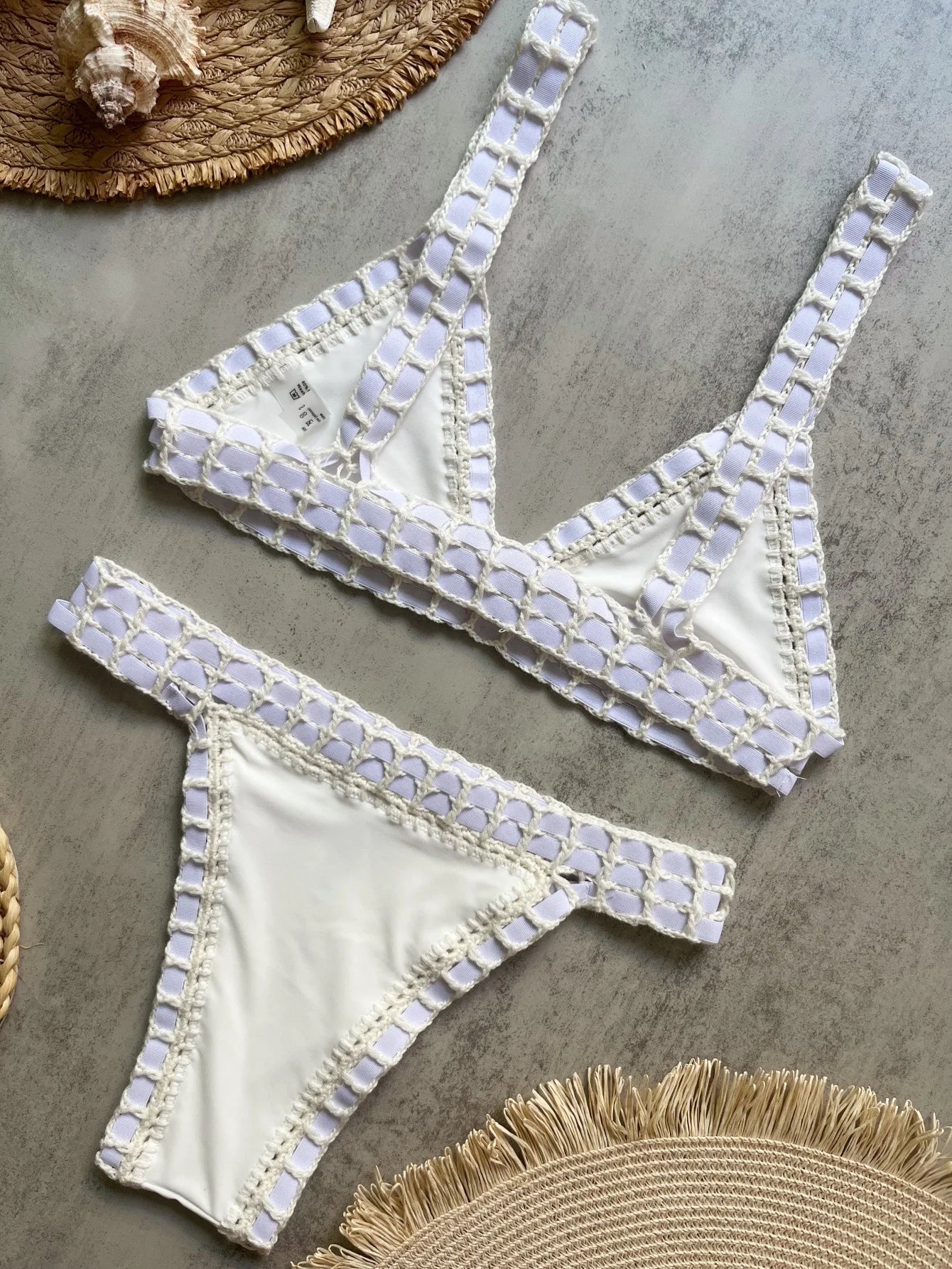 Sexy Black Patchwork Hand Crochet Bikini Set Women 2026 V Neck Push Up Bra Thong Swimsuit Beach Bathing Suit Knitted Swimwear - -