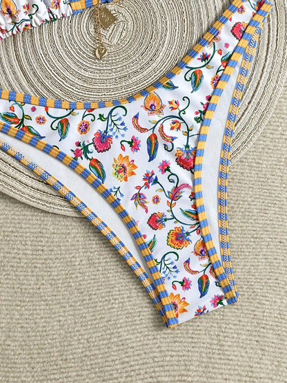 Sexy White Floral Print Micro Bikini 2026 Women Brazilian Push Up Bra Thong Swimsuit Beach Bathing Suit Holiday Swimwear Biquini - -
