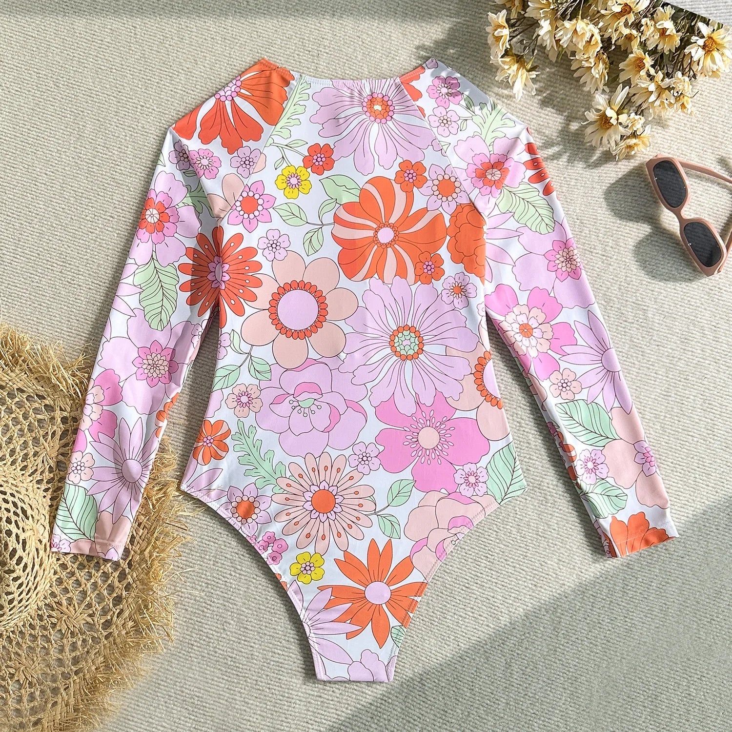 Vintage Pink Floral Print Swimwear Women 2026 Front Zipper Long Sleeve Sunscreen One Piece Swimsuit Bathing Suit Surf Monokini - -