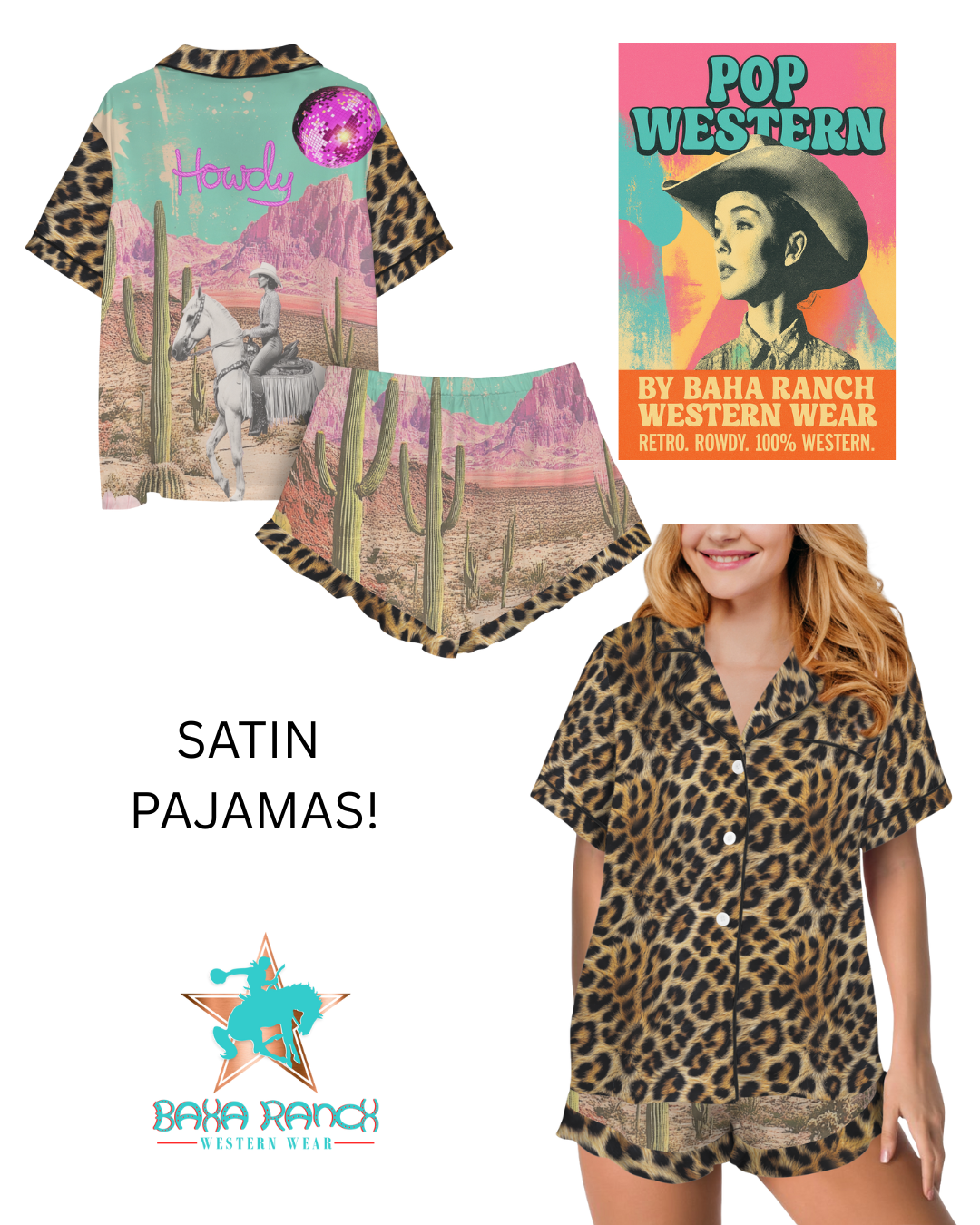 Baha Ranch Retro Pop Western Leopard Desert Cowgirl Satin Pajamas Howdy - - Pajama Sets