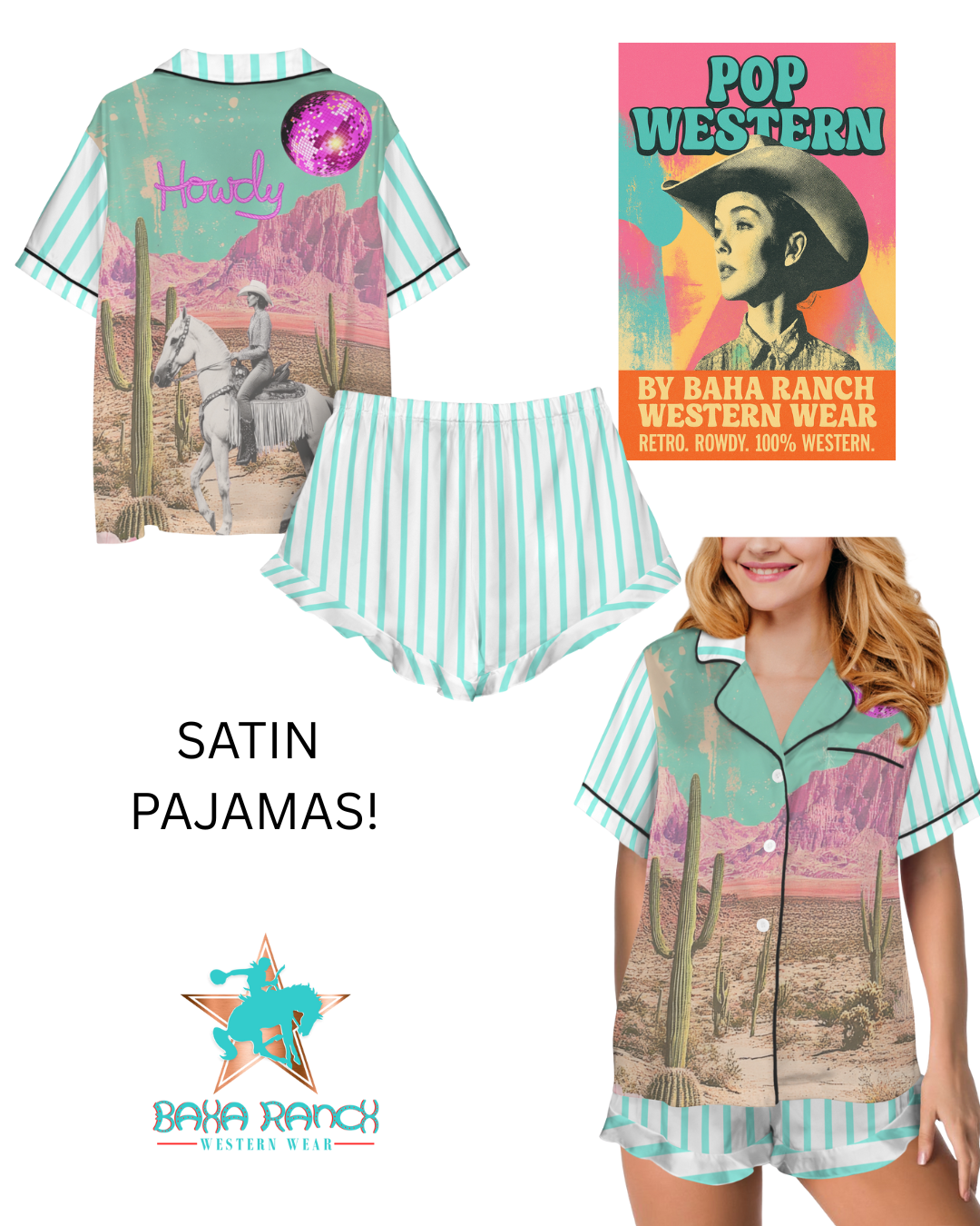 Baha Ranch Retro Pop Western Howdy Desert Cowgirl Satin Pajamas - - Pajama Sets