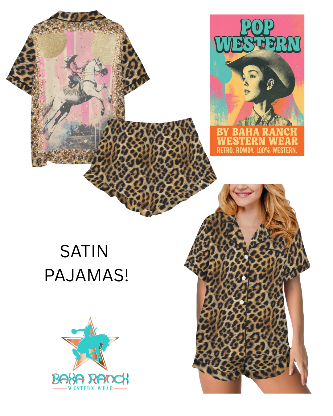 Baha Ranch Retro Pop Western Leopard Cowgirl Satin Pajamas - - Pajama Sets