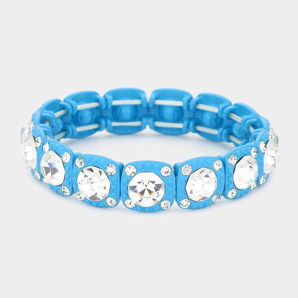 Crystal Rhinestone Stretch Bracelet - Clear, Turquoise - Jewelry