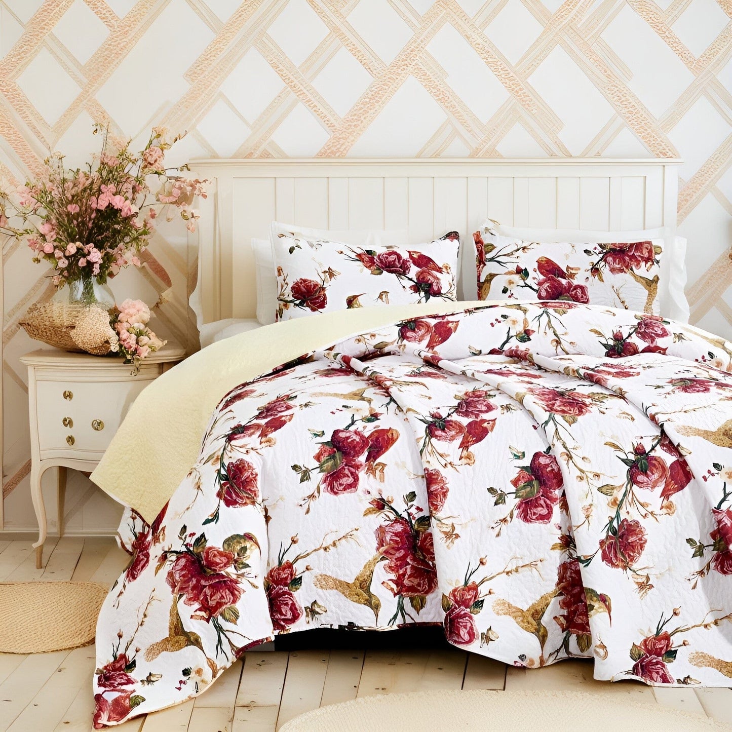 Tache Vintage Rose Garden Hummingbirds Burgundy White Reversible Floral Quilt Set (SD-7676) - - Quilt / Bedspread