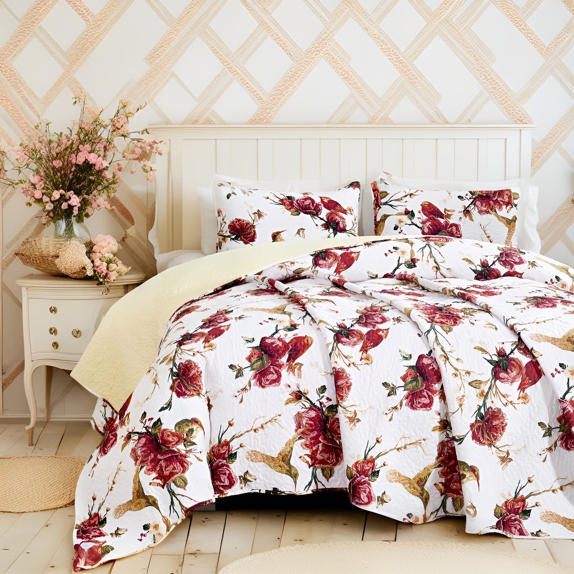 Tache Vintage Rose Garden Hummingbirds Burgundy White Reversible Floral Quilt Set (SD-7676) - - Quilt / Bedspread