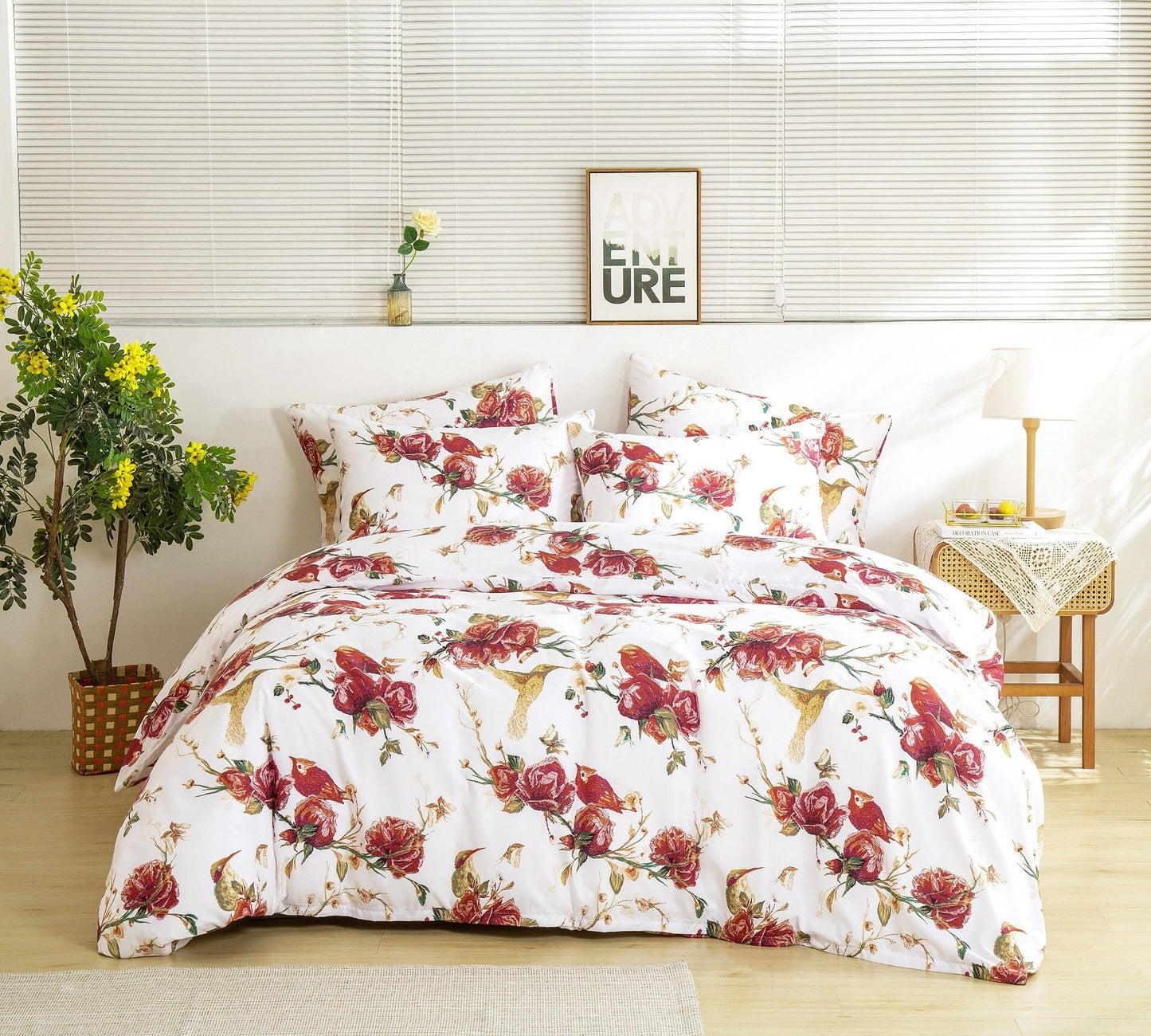 Tache Floral Hummingbirds Burgundy White Vintage Rose Garden Reversible Duvet Cover (SD-7676) - - Duvet Cover