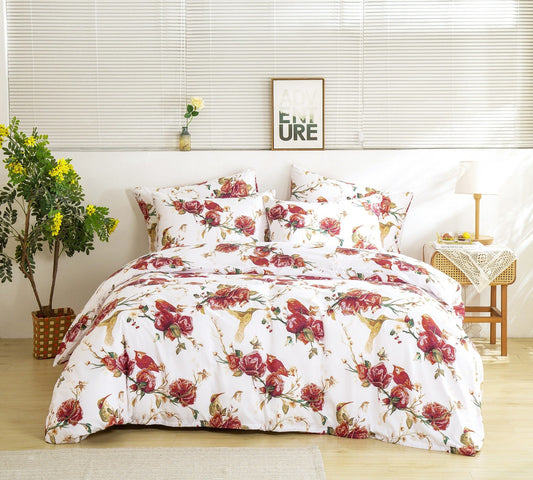 Tache Floral Hummingbirds Burgundy White Vintage Rose Garden Reversible Duvet Cover (SD-7676) - - Duvet Cover