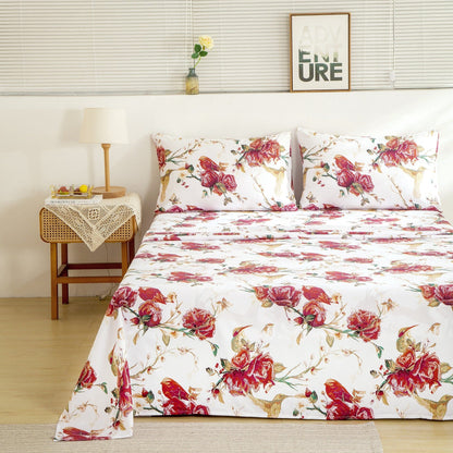 Tache Floral Hummingbirds Burgundy White Vintage Rose Garden Bed Sheet Set (SD-7676) - - Bed Sheet