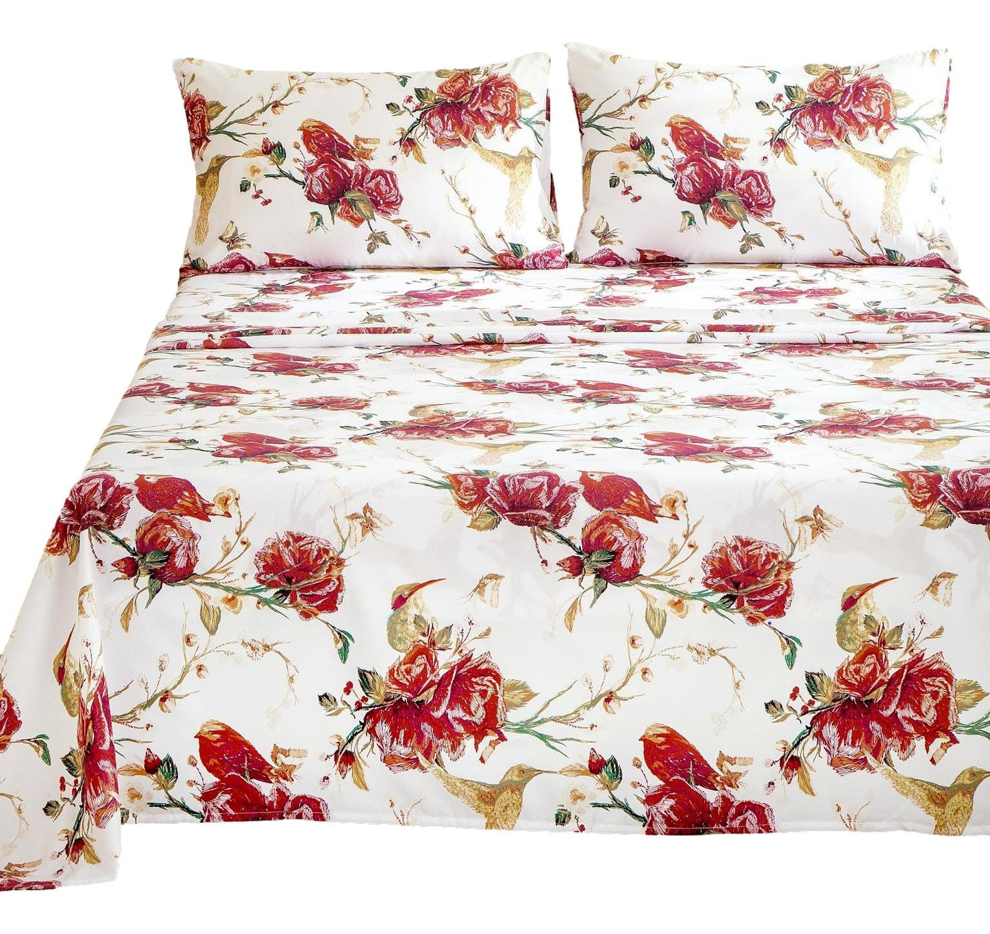 Tache Floral Hummingbirds Burgundy White Vintage Rose Garden Bed Sheet Set (SD-7676) - - Bed Sheet