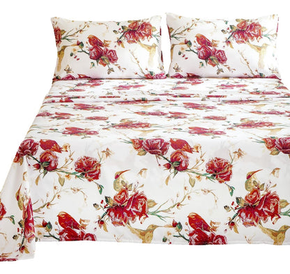 Tache Floral Hummingbirds Burgundy White Vintage Rose Garden Bed Sheet Set (SD-7676) - - Bed Sheet