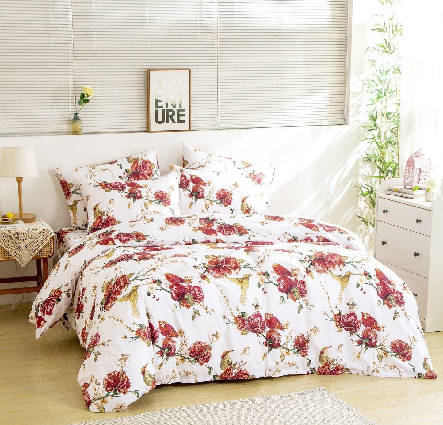 Tache Floral Hummingbirds Burgundy White Vintage Rose Garden Reversible Duvet Cover (SD-7676) - - Duvet Cover