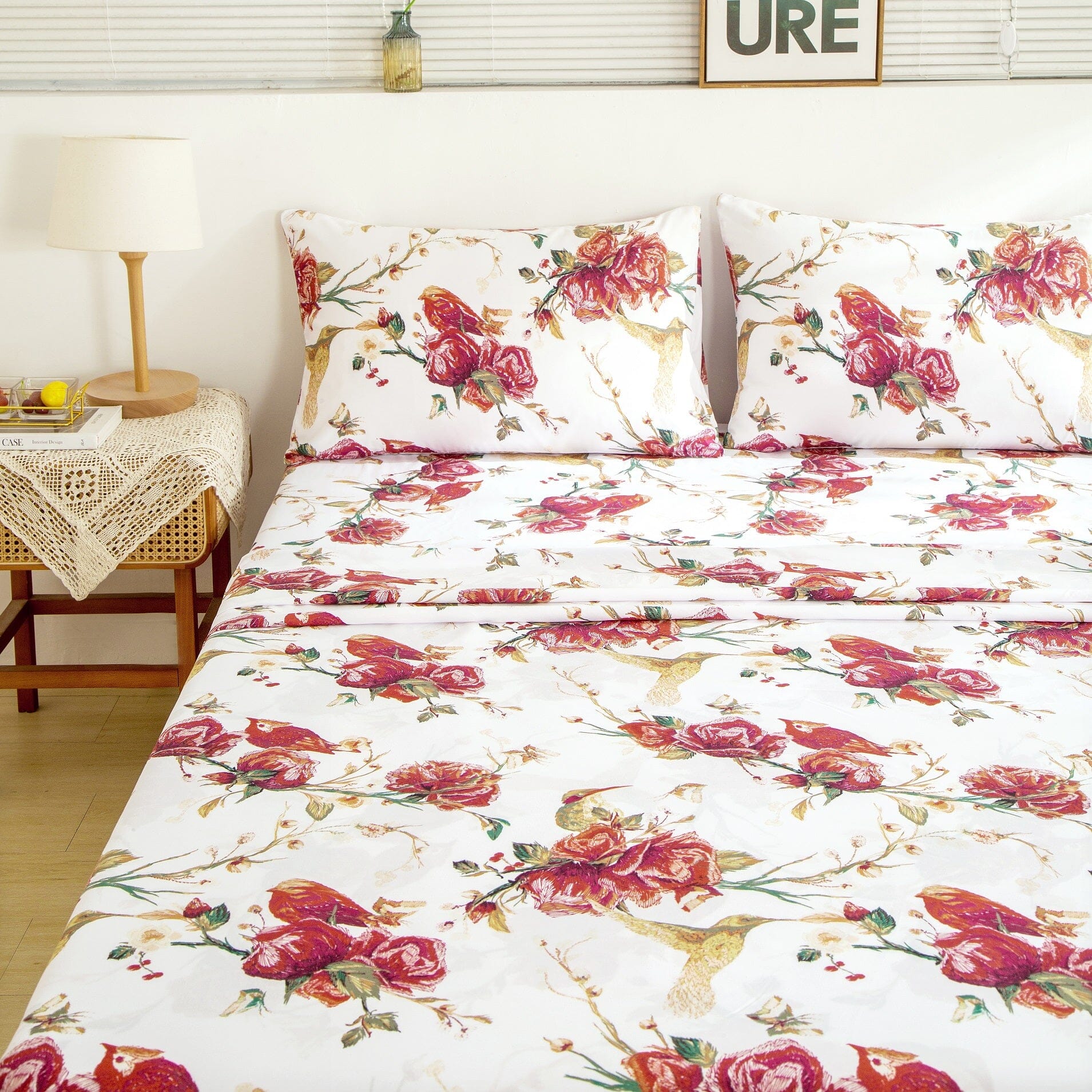 Tache Floral Hummingbirds Burgundy White Vintage Rose Garden Bed Sheet Set (SD-7676) - - Bed Sheet