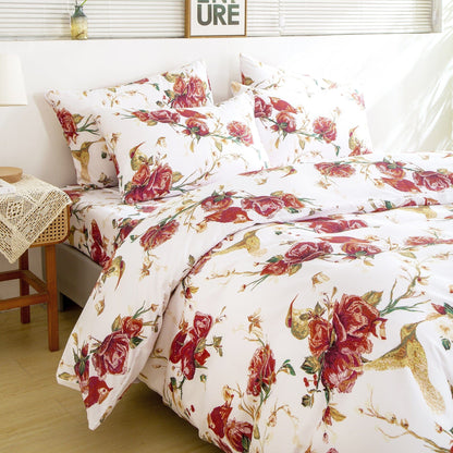 Tache Floral Hummingbirds Burgundy White Vintage Rose Garden Reversible Duvet Cover (SD-7676) - - Duvet Cover