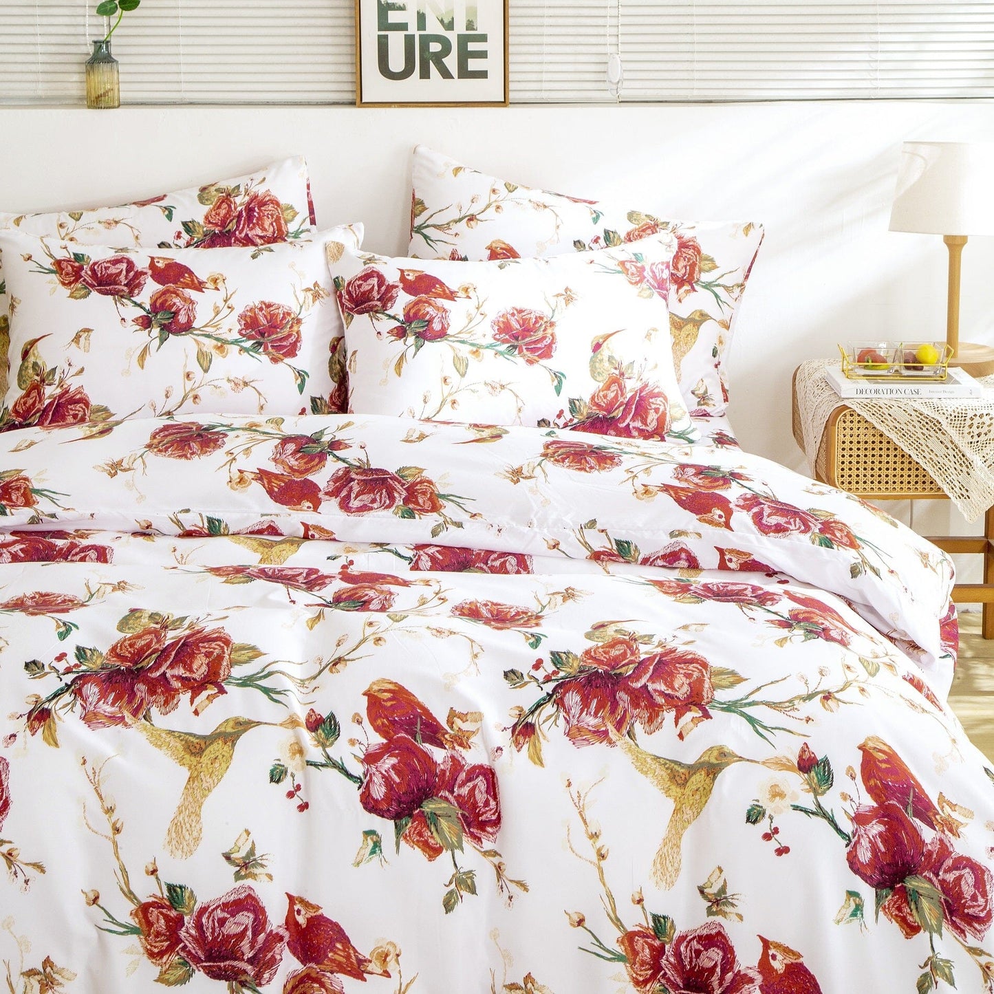 Tache Floral Hummingbirds Burgundy White Vintage Rose Garden Reversible Duvet Cover (SD-7676) - Cal King - Duvet Cover