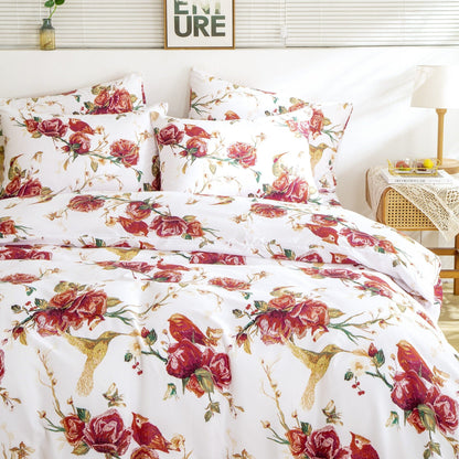 Tache Floral Hummingbirds Burgundy White Vintage Rose Garden Reversible Duvet Cover (SD-7676) - Cal King - Duvet Cover