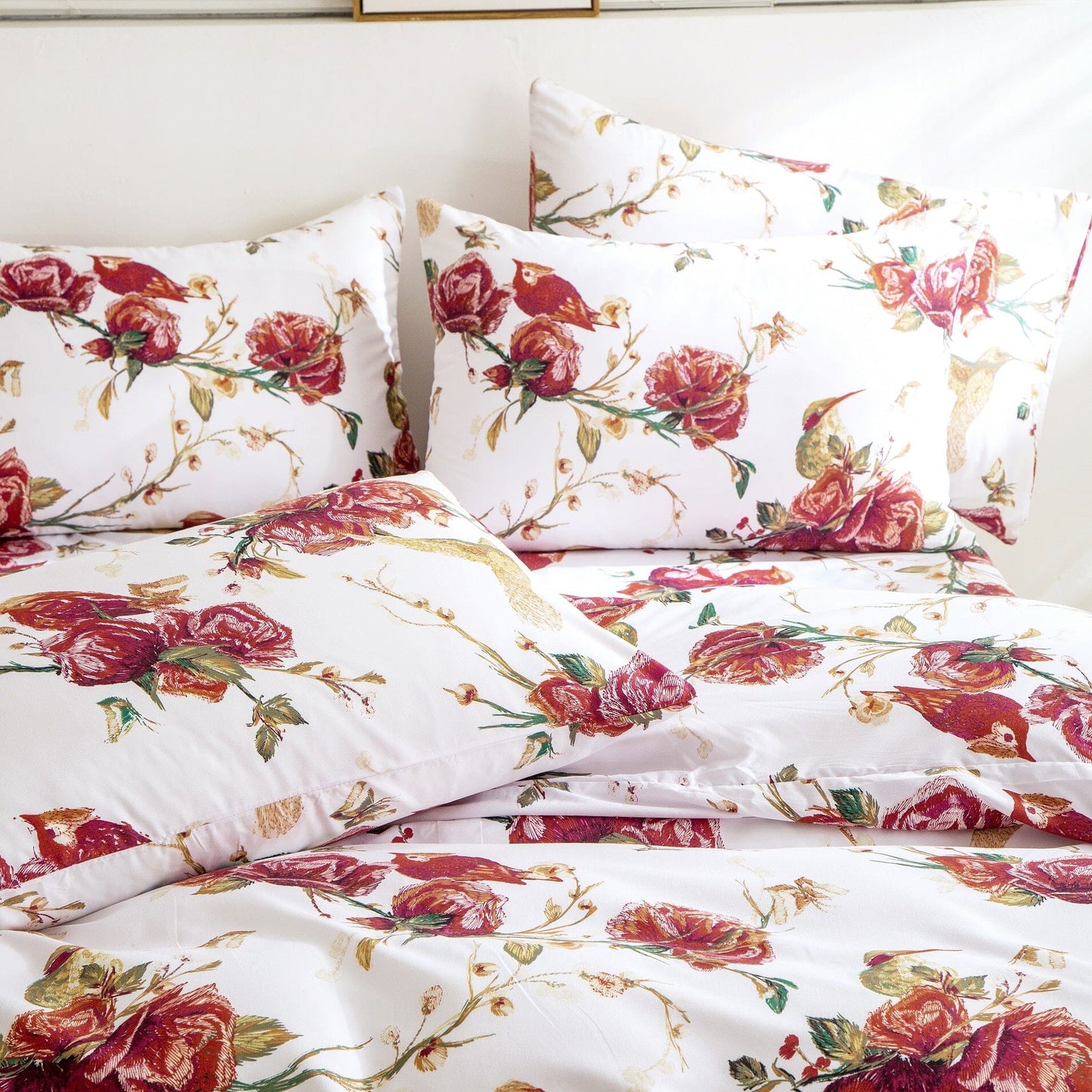 Tache Floral Hummingbirds Burgundy White Vintage Rose Garden Reversible Duvet Cover (SD-7676) - - Duvet Cover