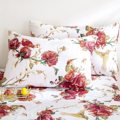 Tache Floral Hummingbirds Burgundy White Vintage Rose Garden Reversible Duvet Cover (SD-7676) - - Duvet Cover