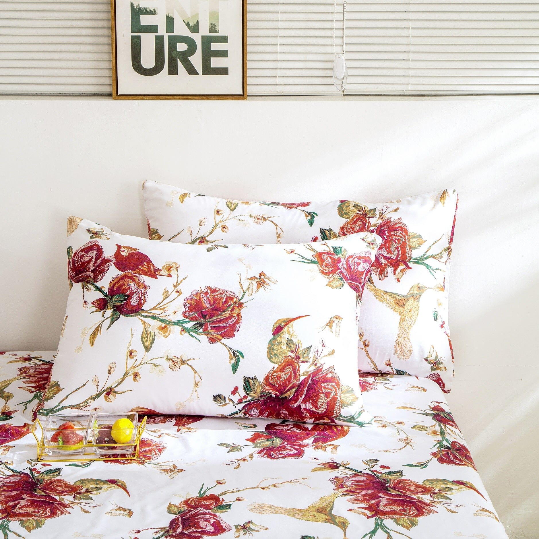 Tache Floral Hummingbirds Burgundy White Vintage Rose Garden Reversible Duvet Cover (SD-7676) - - Duvet Cover