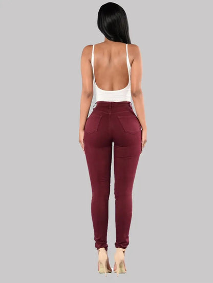 High-Rise Distressed Skinny Jeans in Burgundy & Olive Kia Day Design