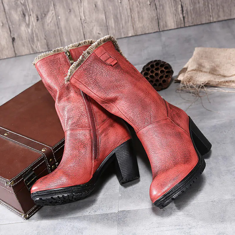 Winter Vintage Leather Mid-Calf Chunky Heeled Boots