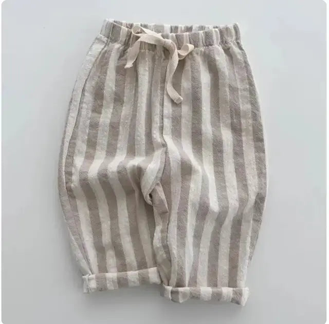 Vintage Linen Cotton Stripe Pants Khaki 3-4 Years