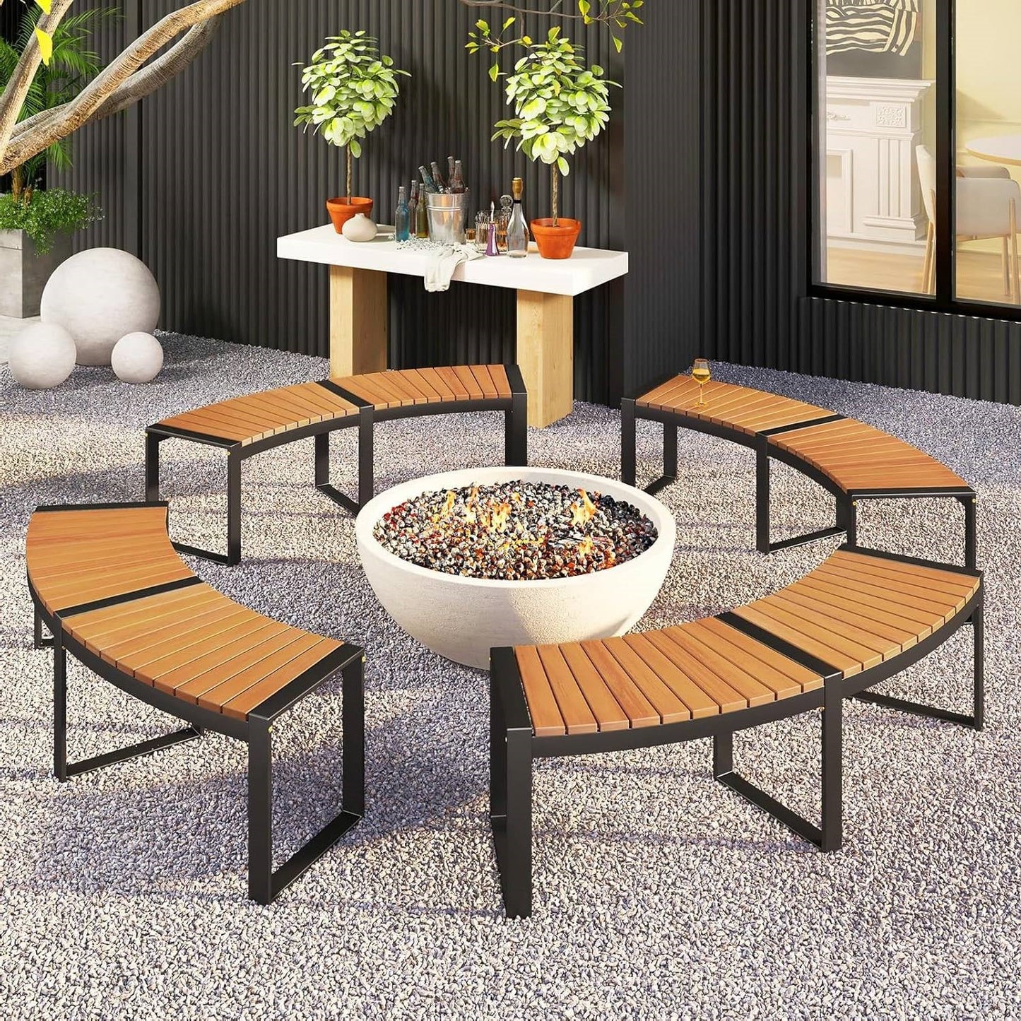 Set of 4 - Round Outdoor Metal Wood Backless Bench - Around Table Tree Fire Pit - - Outdoor > Outdoor Furniture > Garden Benches