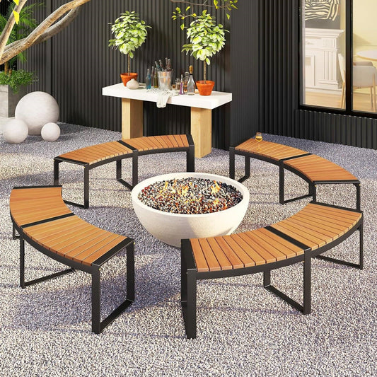 Set of 4 - Round Outdoor Metal Wood Backless Bench - Around Table Tree Fire Pit - - Outdoor > Outdoor Furniture > Garden Benches