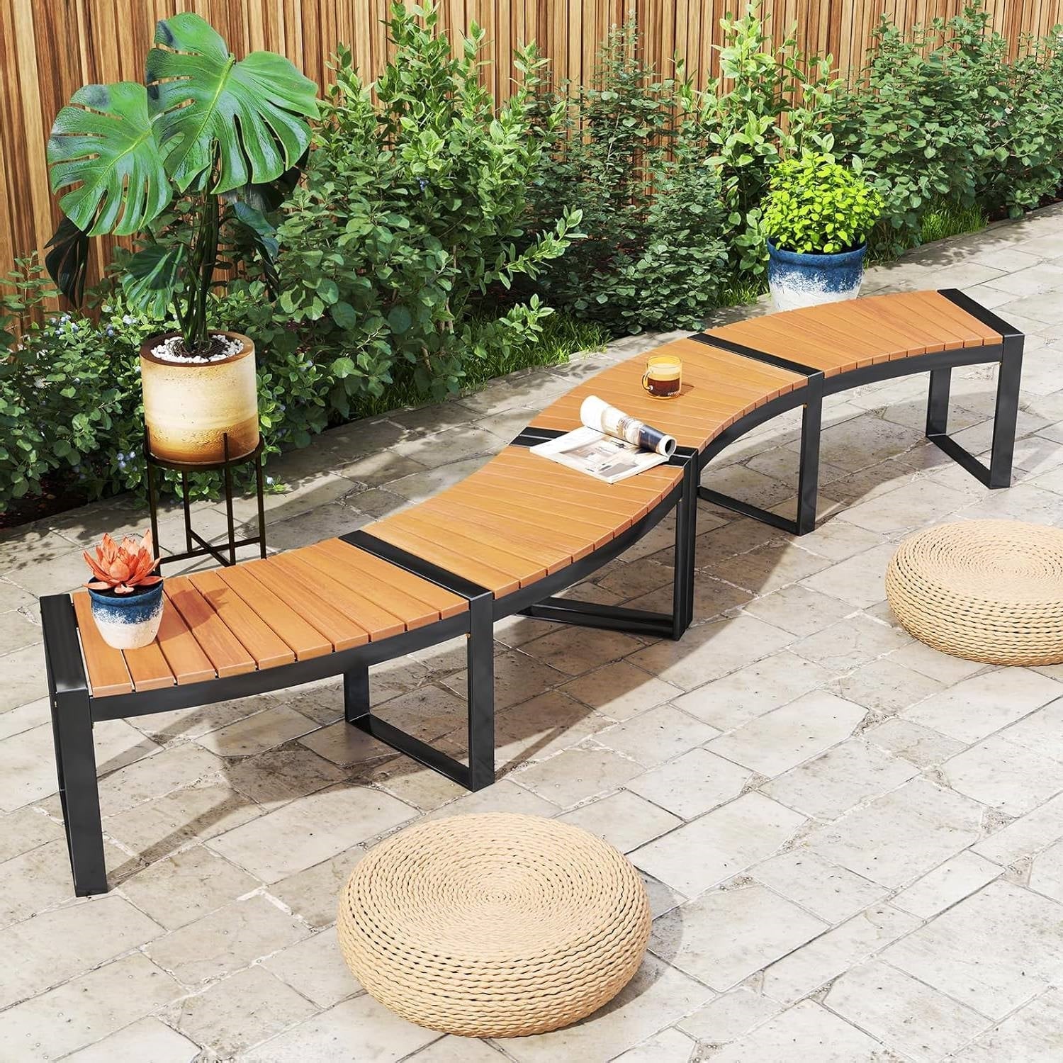 Set of 4 - Round Outdoor Metal Wood Backless Bench - Around Table Tree Fire Pit - - Outdoor > Outdoor Furniture > Garden Benches