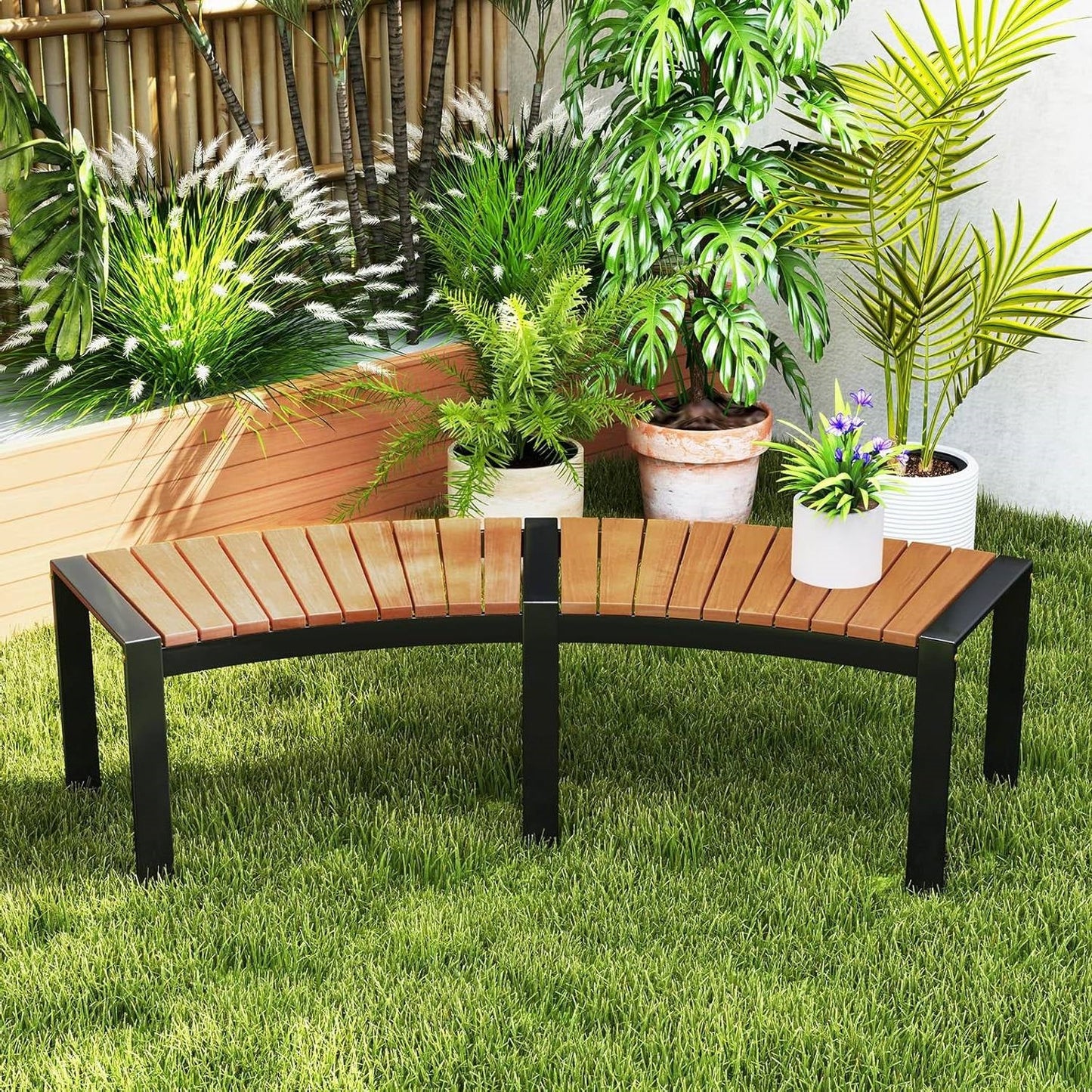 Set of 4 - Round Outdoor Metal Wood Backless Bench - Around Table Tree Fire Pit - - Outdoor > Outdoor Furniture > Garden Benches