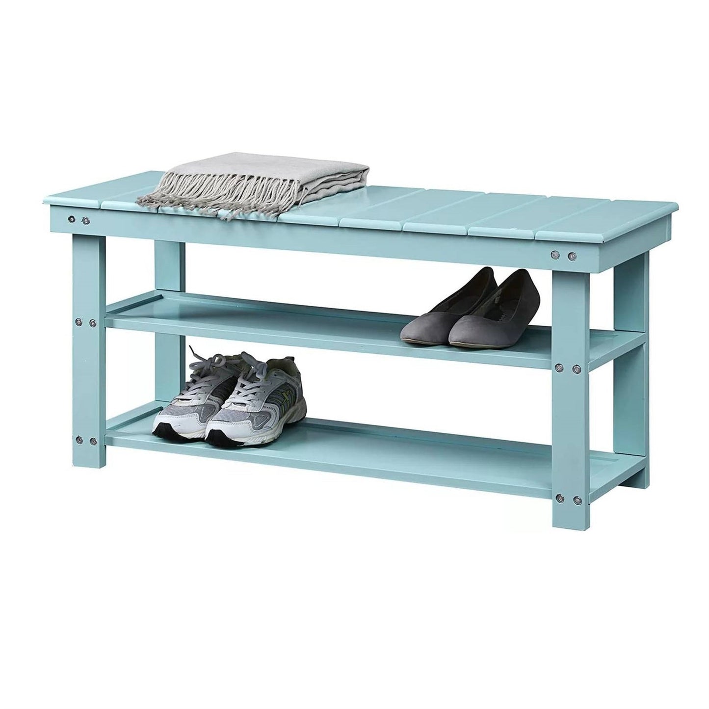 Sea Foam Aqua Blue Wood 2-Shelf Shoe Rack Storage Bench for Entryway or Closet - - Accents > Shoe Racks