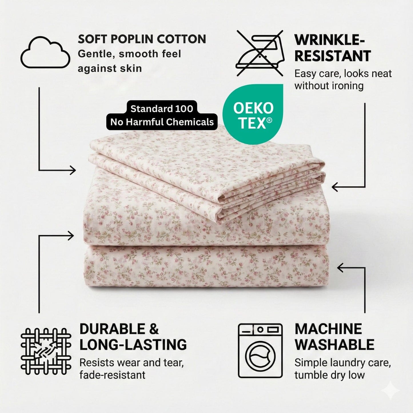 DaDa Bedding Collection Romantic Coquette Sheet Set - 100% Cotton [ Poplin Cotton ] Floral Fitted & Flat Sheets with Pillowcases - Deep Pocket Design - Soft, Breathable, Wrinkle-Resistant- DaDalogy Bedding Collection- {{Product type}}