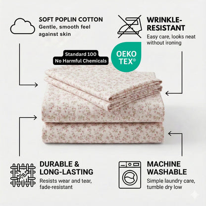DaDa Bedding Collection Romantic Coquette Sheet Set - 100% Cotton [ Poplin Cotton ] Floral Fitted & Flat Sheets with Pillowcases - Deep Pocket Design - Soft, Breathable, Wrinkle-Resistant- DaDalogy Bedding Collection- {{Product type}}