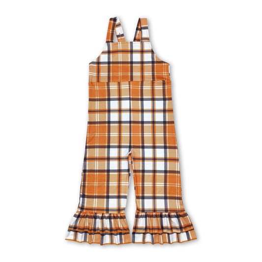 Orange Plaid Suspender Kids girls Fall Bell Bottom Overalls - - Romper